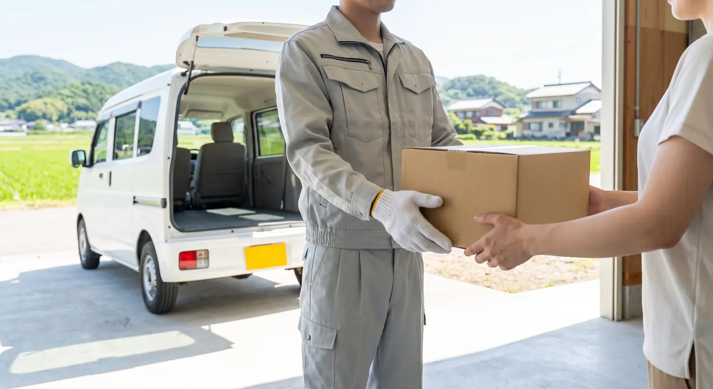 農場の倉庫前で荷物を受け取る様子