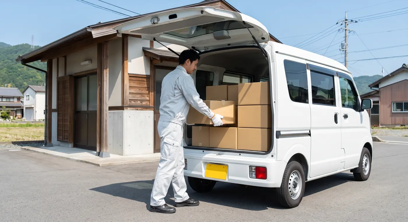 荷物を積み込む軽貨物車の後部