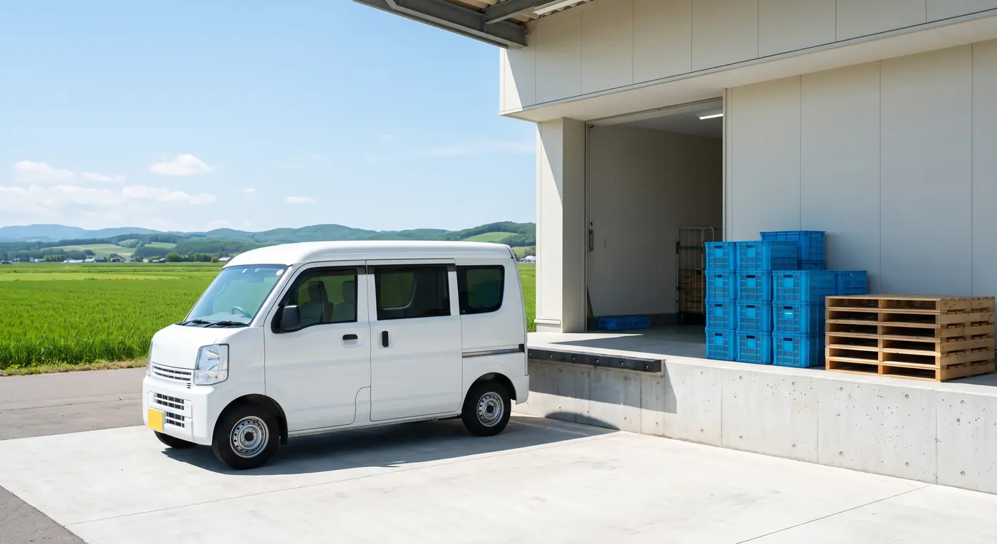 水産加工場の搬入口に停車した配送車